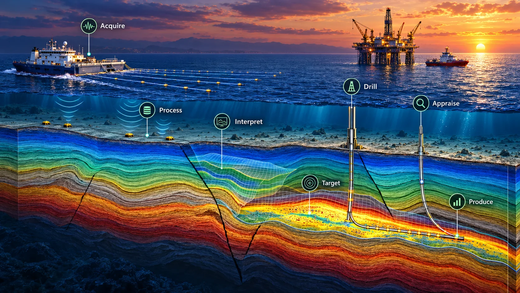 Cross-disciplinary geoscience and energy analytics concept, linking seismic evidence with subsurface interpretation