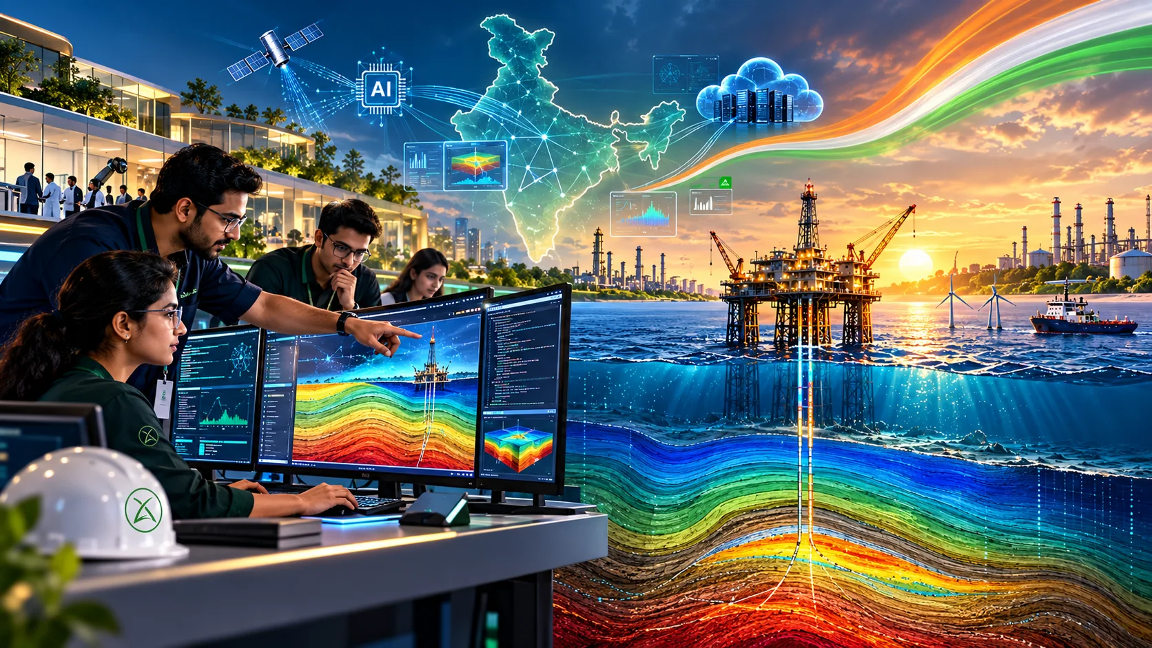 Colorful illustration of India-built industrial software, domain AI and energy decision capability