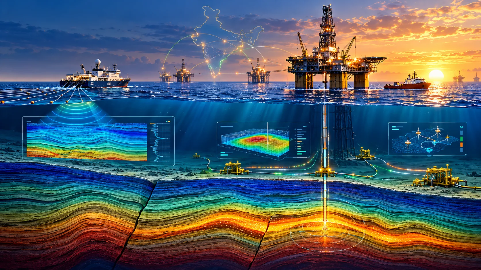 Samudra Manthan inspired offshore energy intelligence visual with seismic and subsurface workflows